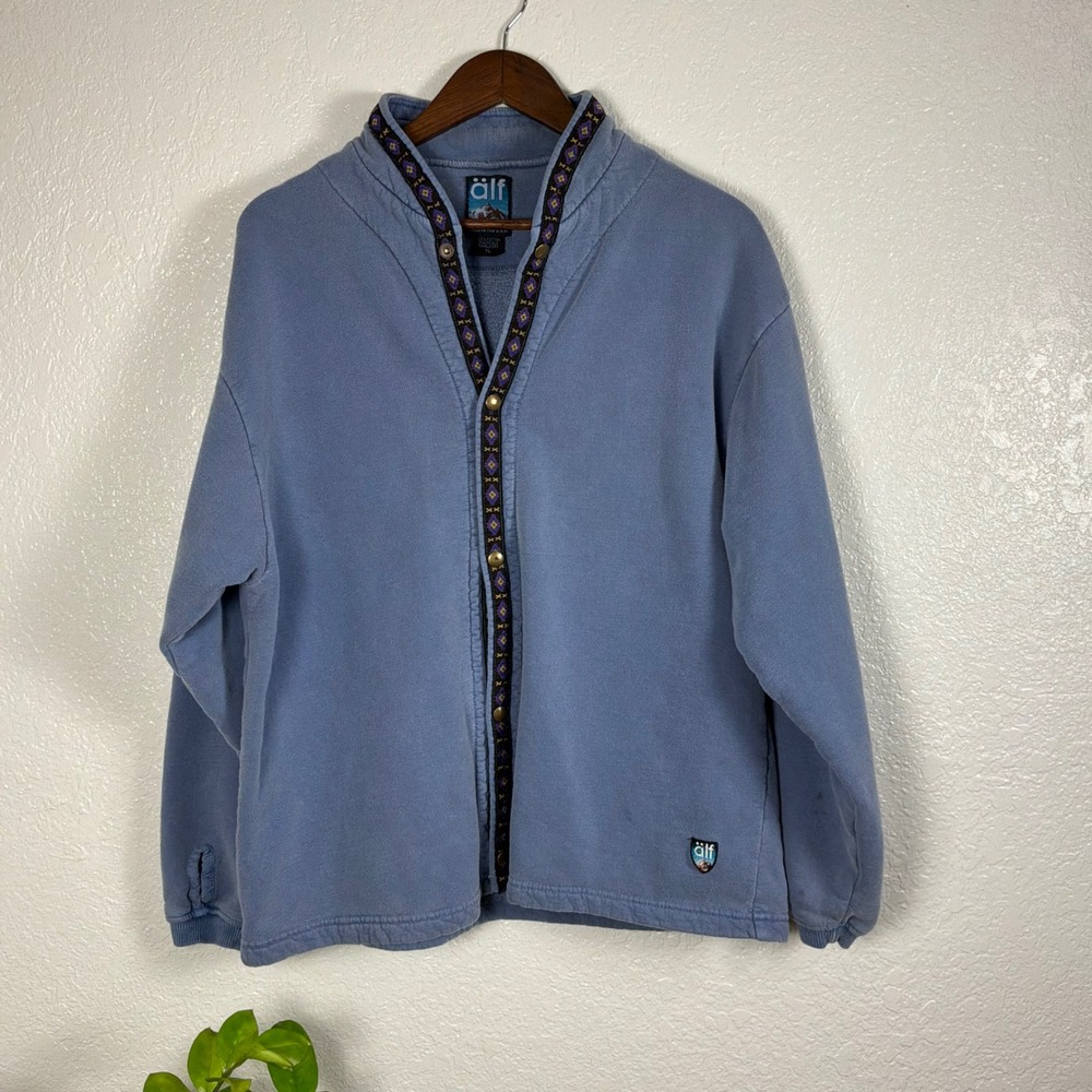 Alf Fleece Jacket Mens XL Blue Good Vintage Geometric Trim Snap Front